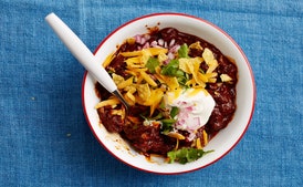 Barbecue Pork Kebabs With
Blistered-Chile–Pumpkin Seed Salsa