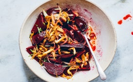 Beet Salad with Pickled Mushrooms and Caramelized Shallots
