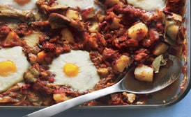 Eggs in Purgatory with Artichoke Hearts, Potatoes and Capers