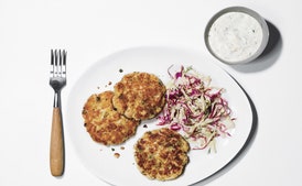 Fish Cakes with Coleslaw and Horseradish-Dill Sauce