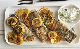 Grilled Salmon with Meyer Lemons and Creamy Cucumber Salad