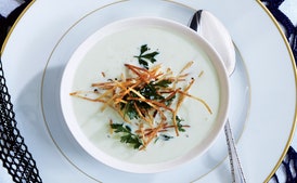 Leek Soup with Shoestring Potatoes and Fried Herbs