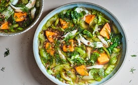 Lentil and Chicken Soup with Sweet Potatoes and Escarole