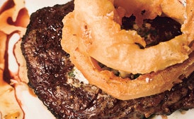Rib-Eye Steak with Blue Cheese Butter and Walla Walla Onion Rings