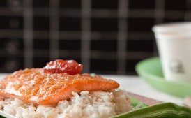 Scottish Salmon with Shallot-Truffle Honey Glaze, Lump Crab and Green Apple Risotto, and Quince Jam