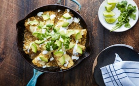 Skillet Chicken and Zucchini Enchiladas with Tomatillo Sauce