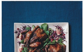 Spice-Rubbed Cornish Hens with Haroseth Stuffing and Sherry Jus