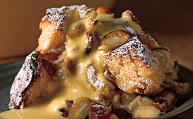 Sticky Date and Almond Bread Pudding with Amaretto Zabaglione