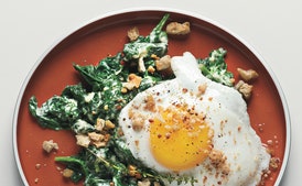 Sunny-Side-up Eggs on Mustard-Creamed Spinach with Crispy Crumbs
