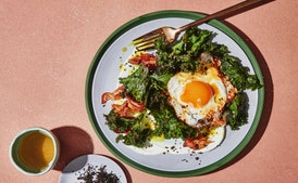 Turmeric Eggs with Kale, Yogurt, and Bacon